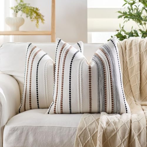 Qupace Set of 2 Modern Minimalist Decorative Woven Knitted Striped Throw Pillow Cover 18x18 Inch Textured Neutral Boho Pillow Case for Sofa Couch Bedroom Living Room Decor (White, Brown, Black)