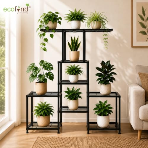Image of ecofynd Koda Plant Stands for Outdoor Balcony, Flower Pot Stand for Indoor Plants, Large Metal Planter Stand for Living Room, Home Decor, Indoor & Outdoor Plants, 8 Tier (PS055-BLK)
