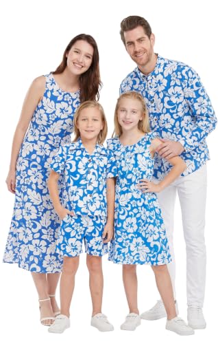 Image of Hawaii Hangover Family Matching Clothes, Classic Vintage Hibiscus Blue | Family matching Hawaiian outfits, Classic Vintage Hibiscus Blue, 100% cotton, machine washable, tropical floral print, luaus