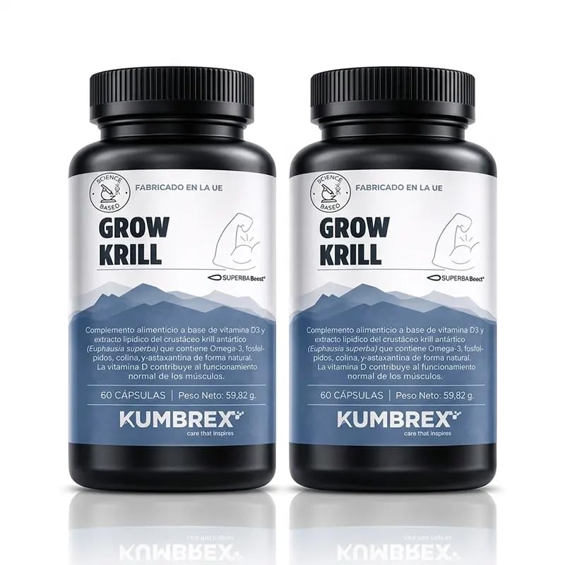 GROW KRILL – Omega 3 de Krill Antártico SUPERBA krill® con Fosfolípidos, Colina y Astaxantina Natural – Complemento Alimenticio para Deportistas y Personas Activas (2 x 60 capsulas)