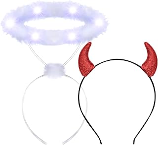2Pcs Halloween Angel Halo and Devil Horns Headband, Light Up Angel Halo Headband Costume Accessories for Halloween