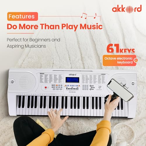 Image of Akkord 61-Key Octave Electronic Keyboard with adapter- LCD Display| USB Input| Mic |Music Sheet Stand | 255 Rhythms | 255 Timbres | 24 Demos | White