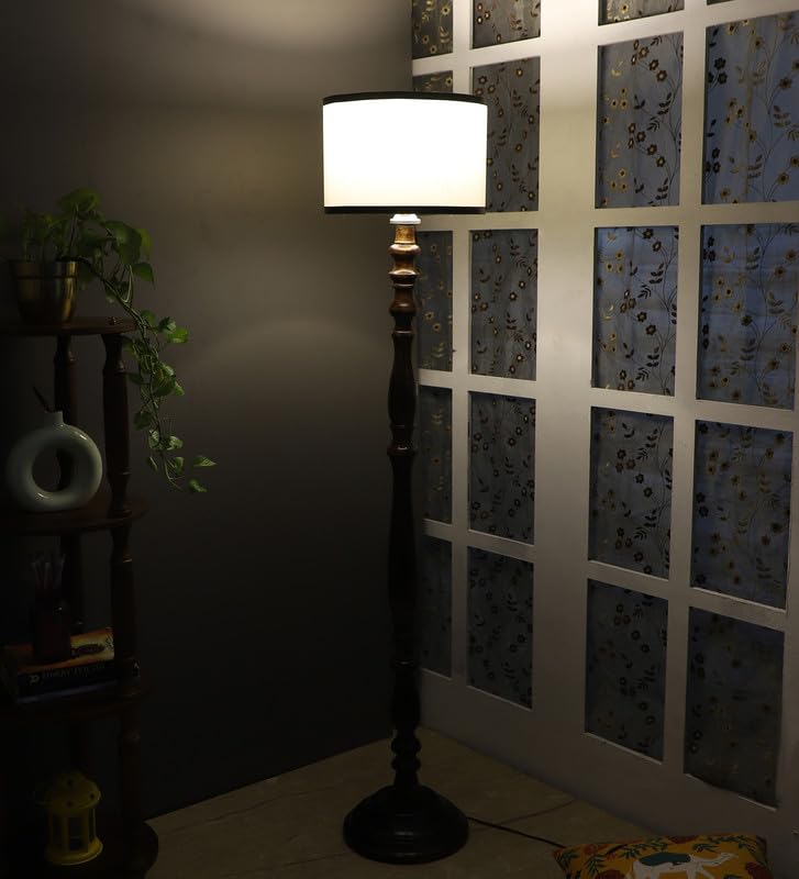 Image of tu casa Mango Wooden Floor Lamps with Classic Stripe Shade for Home Decor, Bedrooms Corner, Living Room, Gifting, Diwali Decoration, Hall, Office, Study Room (Height: - 56 inch) - Bulb not Included