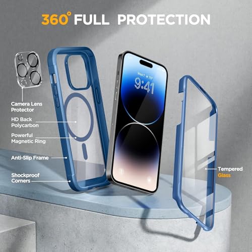 Image of Miracase Magnetic for iPhone 14 Pro Max Case 6.7 inch, (Compatible with MagSafe) Upgrade Full-Body Clear Phone Bumper Case with Built-in 9H Tempered Glass Screen Protector, Magnetic Capri Blue