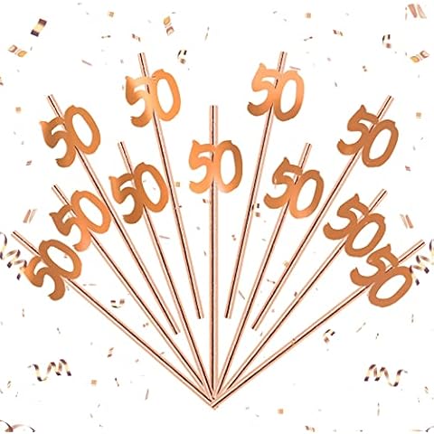 30 pcs Birthday Straws & Number Cutouts, 50th Birthday Straws, Rose Gold Paper Straws for Birthday Party Anniversary Party Table Decoration Cover