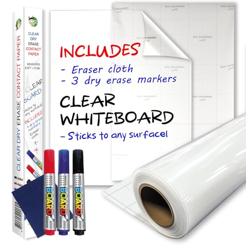 HA SHI Clear Dry Erase Board Sticker Roll, 18 x 78 in, 3 Markers + Eraser