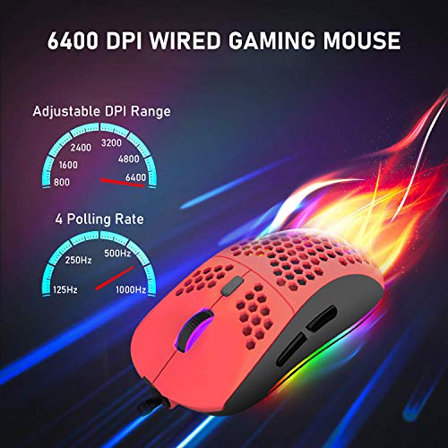 Honeycomb Wired Gaming Mouse,7 Programmable Buttons And Rgb Backlight,6400 Adjustable Dpi And Ergonomic,Ultraweave Cable Lightweight Ultralight Computer Mice For Pc Gamers,Windows,Xbox,Ps4(Red) #TOP5