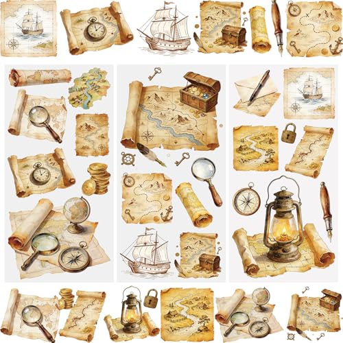 WANDIC 3 hojas de calcomanías vintage de mapa, brújula, calcomanías de mapa náutico, calcomanías retro para ventanas para proyectos de arte, envolver regalos, manualidades, decoración, 11.8 x 5.9