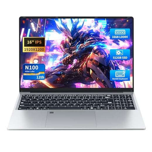 Ordinateur Portable 16 Pulgadas, PC Portable Celeron N100 Processor, Laptop 16GB LPDDR4 RAM 512GB SSD, 1920*1080 IPS FHD Écran, Clavier Rétroéclairé, 6000mAh Battery, Mini-HDMI/USB3.0/BT5.0