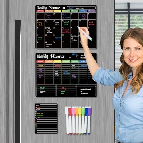Magnetische Monatstafel für Küchenkühlschrank mit 8 farbigen Kreidemarkern, 40,6 x 30,5 cm, trocken abwischbar, Wochenplaner und Einkaufsliste, Notizblock, Kreidetafel für Kühlschrank, Schwarz