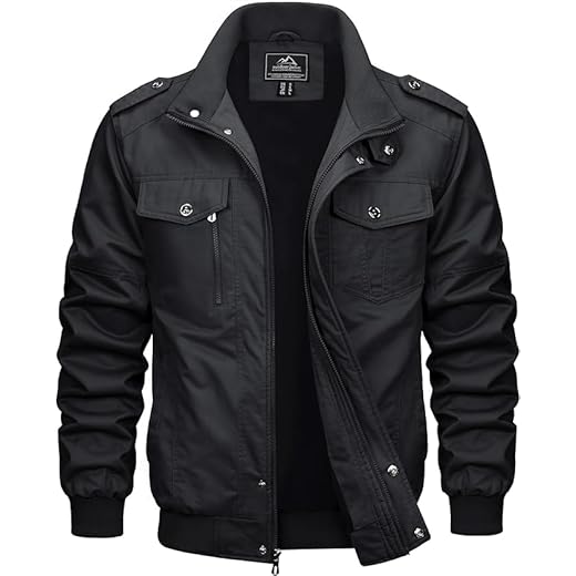 MAGCOMSEN Blouson Cargo Militaire pour Hommes Léger Coupe-vent en Coton Multipoches Mi-saison avec Col Rabattu et Zippe Black XL