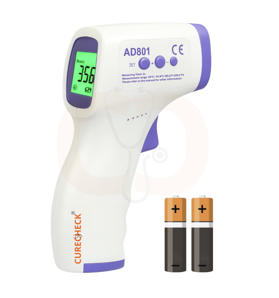 CURECHECK White & Purple Digital Infrared Thermometer For Fever - Non Contact IR Thermometer, Forehead Temperature Gun | For Adults & Kids | Batteries Included