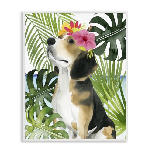 Puppy with Hibiscus Floral Charm, 16 x 20 Inch Framed Giclée Print