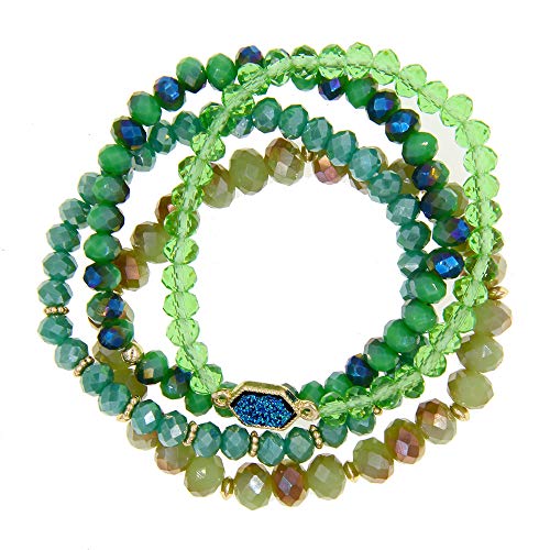 Image of Gold Beaded Bracelet Set, Square Stone Hexagon Druzy Stretch Beaded Stackable Bracelets Bangles