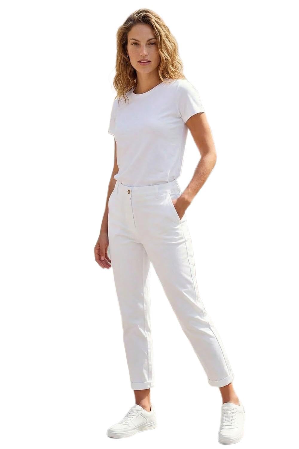 Roman Women's White Plain Cotton Chino Trousers In | Size: 18