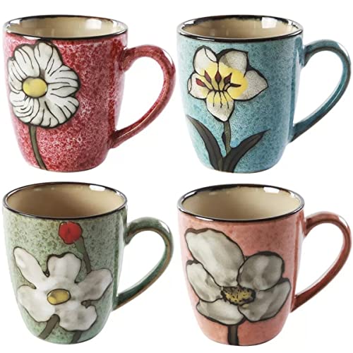 Ceramics 12oz Coffee Mugs, Coffee Cups, Tea Mugs, Kiln Glazing Process, Microwave and Dishwasher Safe, Perfect For Tea, Espresso, Latte - Porcelain Mugs for Kitchen or Cafe (Red+Blue+Green+Pink)