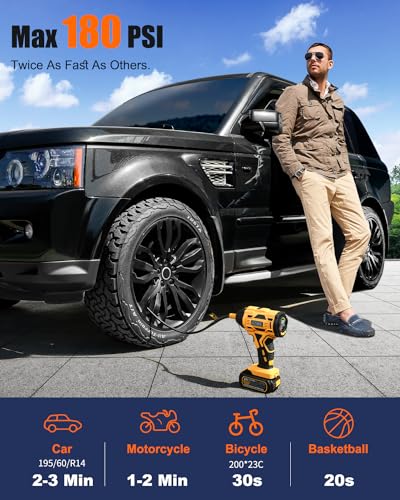 AUTDER Luchtcompressor, draagbare elektrische luchtpomp, 180 psi Max, 21 V, 2000 mAh accu, 12 V auto-voeding, compressor met autostop voor auto en motorfiets - Afbeelding 4