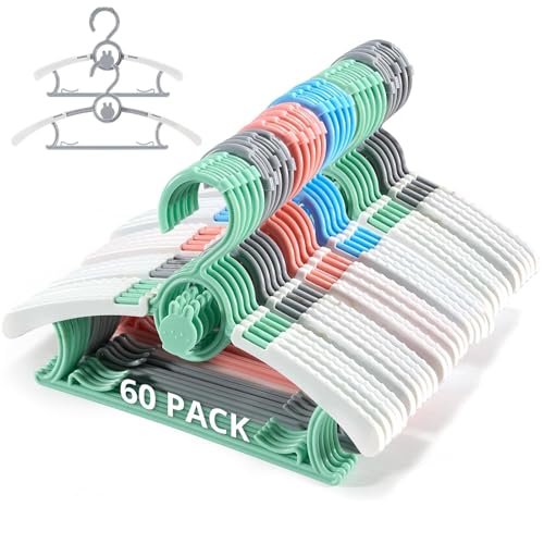 PIGLOG Kinder-Kleiderbügel, ausziehbar und stapelbar, 60 Stück, verschiedene Farben, für Kleinkinder, Kinder, Teenager, 27,9 - 35,6 cm, rutschfeste Kunststoff-Kleiderbügel, Baby-Kleiderbügel