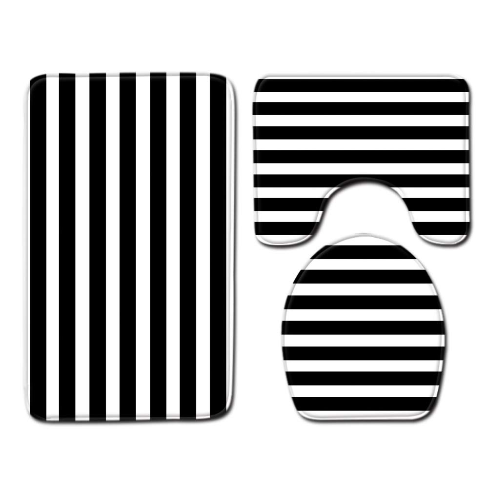 Shinewe Black And White Stripes 3 Pieces Bathroom Rug Set Pedestal Mat Non Slip Bath Mat Toilet Lid Cover Toilet Rug Set (Black And White Stripes)