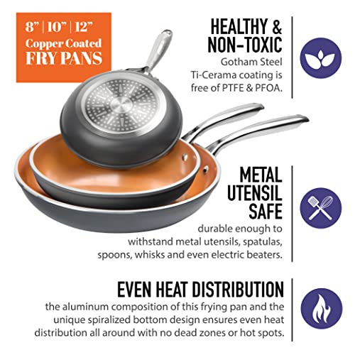 Gotham Steel Frying Pan Set, 3 Piece Nonstick Ceramic Copper Fry Pans Set, 8”, 10” & 12” Nonstick Frying Pans, Nonstick Skillet Set, Omelet Pan, Cookware, Pfoa Free, Dishwasher Safe, Cool Touch Handle #TOP3