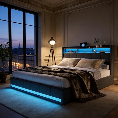 BRYXR Boxspringbett 140x200 mit Lattenrost，Stilvolles Polsterbett mit Stauraum, 4 Schubladen, Individueller LED-Beleuchtung, USB und Typ-C-Anschlüssen, Modernes Graues Design für optimalen Komfort