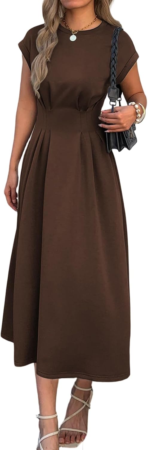 Women Summer Maxi Dress Cap Sleeve Crewneck Ruched Waist Casual Work Office Basic Long Tshirt Dress Beach Sundresses
