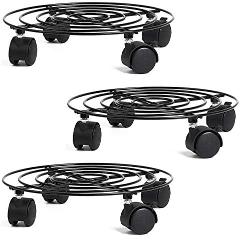 unho 10.8 inches Round Plant Caddy with Wheels, Pack of 3 Black Metal Plant Stand on Rollers Flower Pot Mover for Home Garden Decor