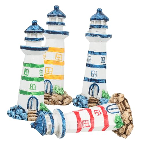Petit Phare en résine style méditerranéen pour déco extérieure et aquarium (Lot de 4)