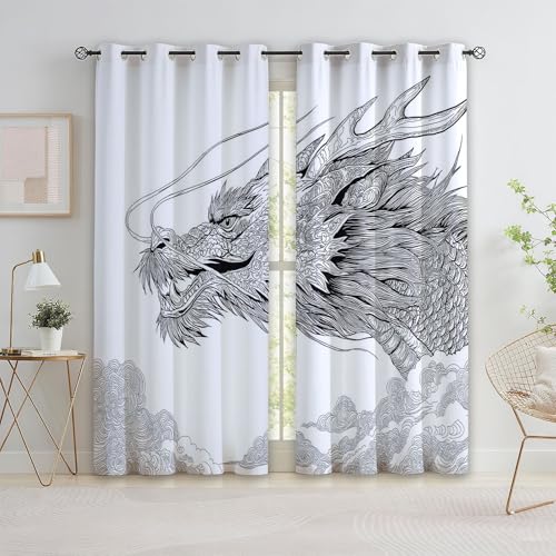 Genérico Cortinas con Ojales Chino Animales Dragón Nubes Opacas Térmicas - Cortinas Albo para Niños Adolescentes Adultos para Sala de Estar Dormitorio Ventanas, 2 Paneles 91.5 x 214 cm (An x Al)