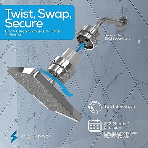 Image of SparkPod Filtered Shower Head, 23-Stage, 8 inch Square, Polished Chrome | Showerhead for Hard Water, High Pressure, Reduces Chlorine, Heavy Metals, For Dry Skin & Hair, Removable Capsule Filter