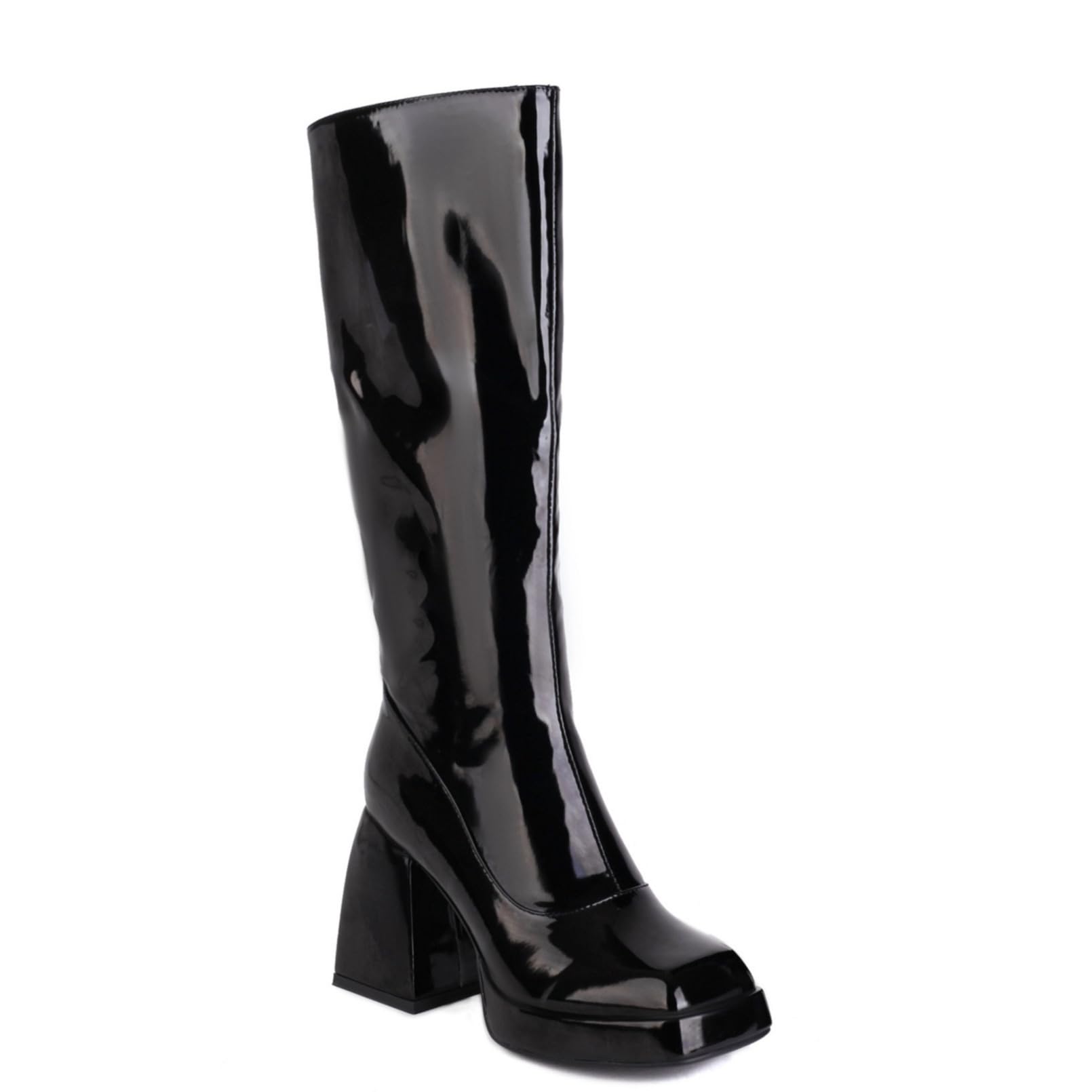 Womens Square Toe Knee High Boots Patent Leather Wide Calf Riding Boots Side Zipper High Heel Long Boots