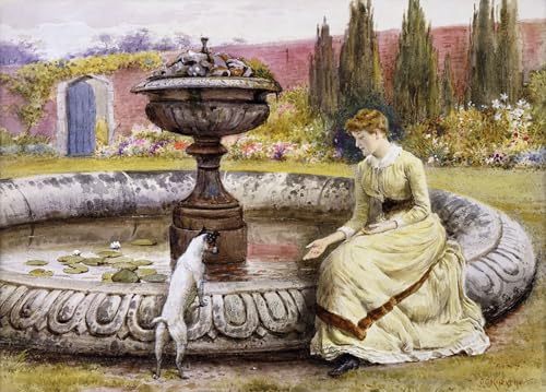 Tableau dame et chien au bord d'un bassin pour réveiller un mur blanc