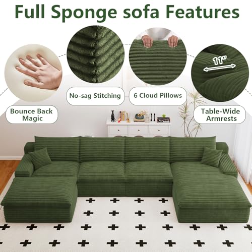 Image of 136 inch Cloud Couch Modular Sectional Sofa for Living Room, U-Shape Boneless Couch with Deep Seat, Modern Corduroy 4-Seater with Ottoman, No Assembly Required (Green,Right-Facing Chaise)