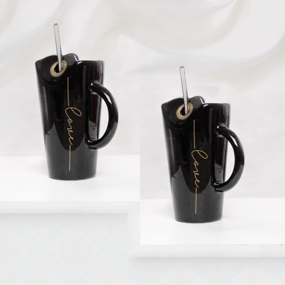 The Earth Store Ceramic Sipper Glass with Straw Flask Mug Coffee Sipper with Straw Sipper Cups for Adults (Set of 2, 460 ml Each, Black)