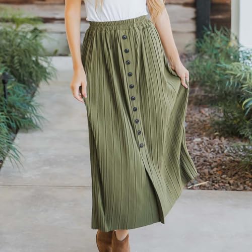 Women's Casual Elastic High Waisted Button Decor Skirt A-Line Pleated Flowy Beach Vacation Midi Long Skirts4