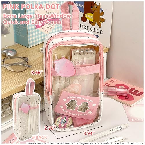 Image of Cute Pen case Adorable Bunny Transparent 3-Layer Large Capacity Pencil Case Gadget organizer with Lovely Stickers (Pink Polka Dot)