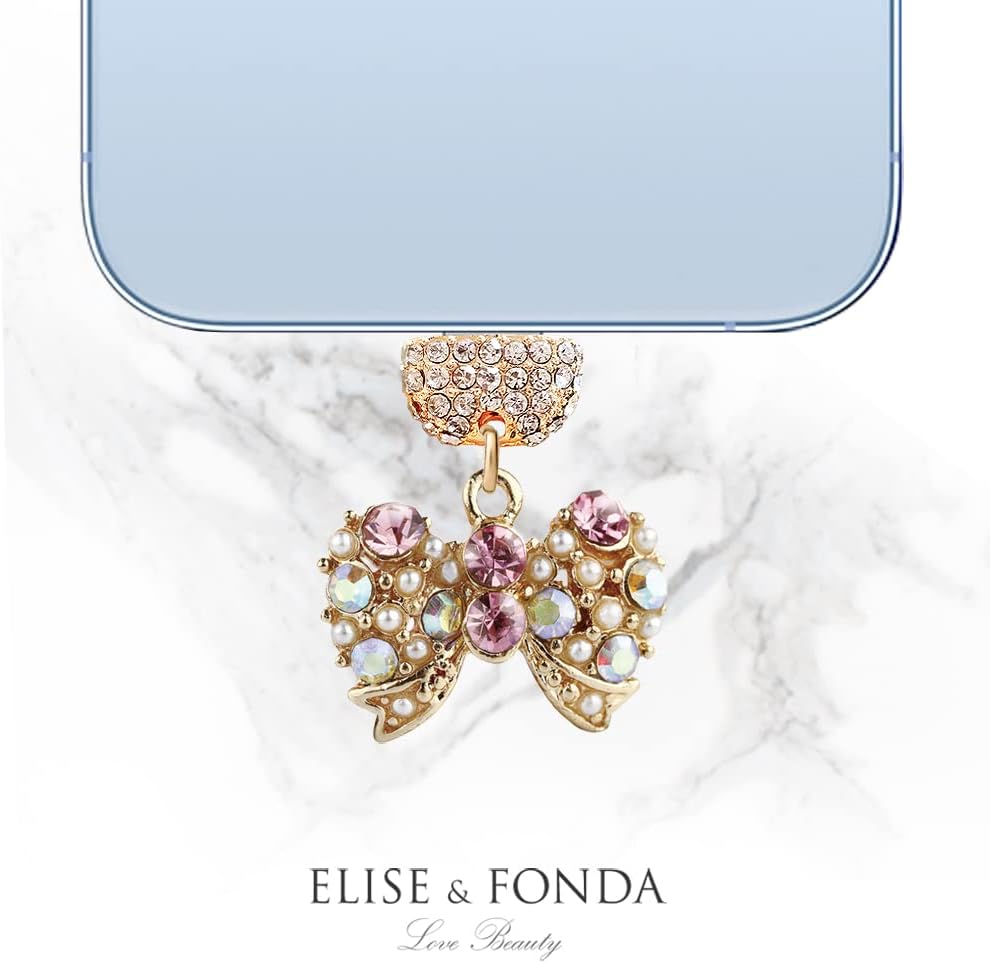 ELISE & FONDA CP397 USB Charging Port Crystal Anti Dust Plug Little Bow Phone Charm for iPhone 13/12/11/ XS MAX/XR/X/8 Plus/7/6S/8/SE iPad iPod (Pink)