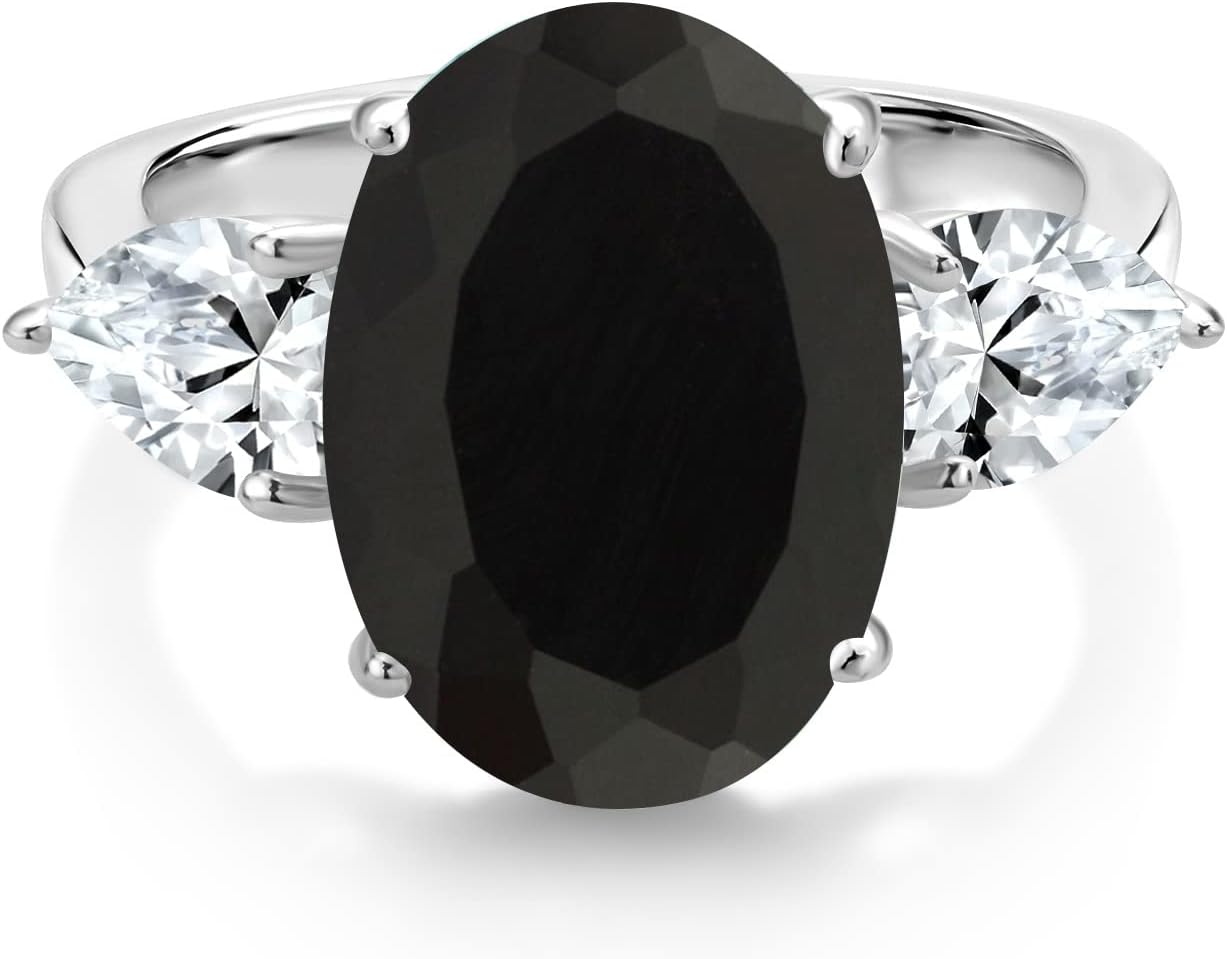 Gem Stone King 925 Sterling Silver Black Onyx and White Created Sapphire Ring For Women (7.00 Cttw, 14X10MM Oval and 7X5MM Pear Shape, Gemstone December Birthstone)