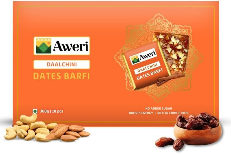 Aweri Cinnamon Dates Barfi (360 Gram) | No Added Sugar Healthy Date Bite | Dry Fruit Barfi | Dates, Almonds, Cashews, Ghee | Indian Sweet Mithai Gift Pack | Dry Fruits & Nut Gifts | Khajoor Barfi | Date Chikki