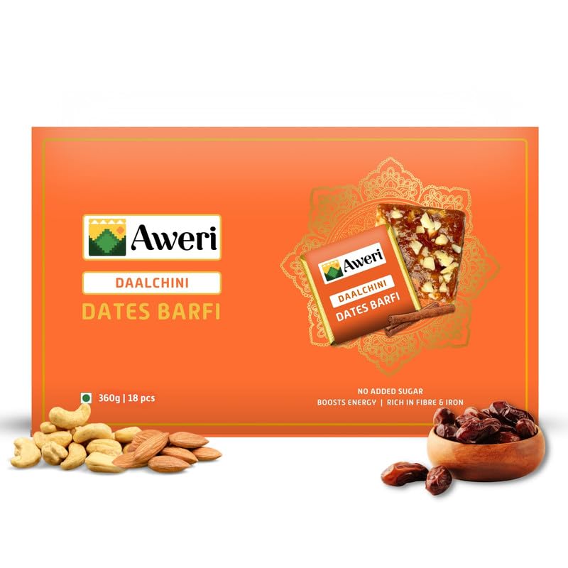 Aweri Cinnamon Dates Barfi (360 Gram): No Added Sugar Healthy Date Bite | Dry Fruit Barfi | Dates, Almonds, Cashews, Ghee | Indian Sweet Mithai Gift Pack | Khajoor Barfi | Date Chikki