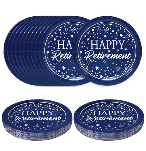 SietDESEO 50 PCS Happy Retirement Paper Plates 7 Inch Disposable Cake Plate Navy Blue and Silver Dessert Plates for Birthday Baby Shower Retirement Themed Party Supplies
