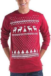 Retro Christmas Reindeer Long Sleeved Jumper Style Top - Mens - Cardinal Red - Long Sleeved