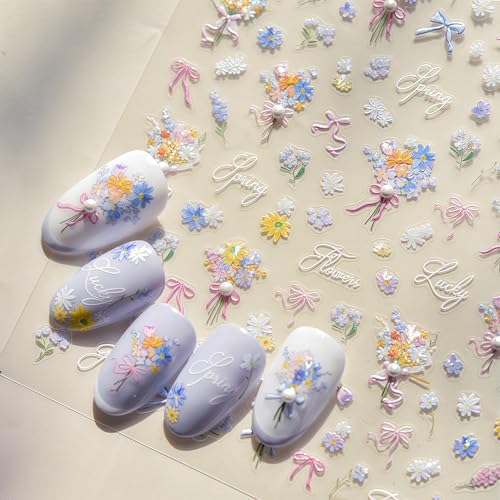 Spring Flowers Nail Stickers 5D Self-Adhesive Embossed Ribbon Bow Floral