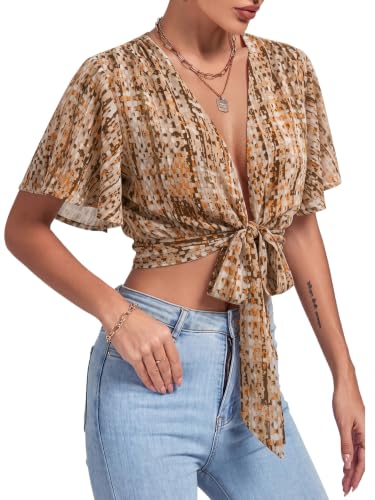 Image of LYANER Women's Tie Front Sexy Crop Tops | Wrap Deep V Neck Ruffle Bell Short Sleeve Y2k Cropped Blouse Shirts