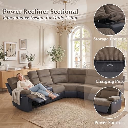 Image of Power Recliner Sectional Sofa, L-Shaped Living Room Furniture Set, Reclining Sectional Couch with Storage Console /Cup Holder for Living Room /House /Apt (Brown & Grey, 5 Seater)