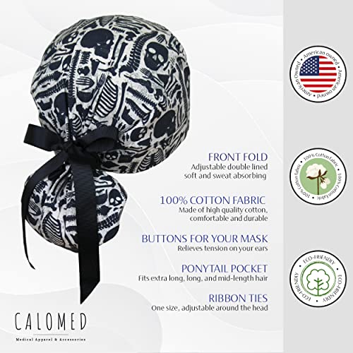 Image of Scrub Cap for Women and Men, Ponytail Scrub Caps, Working Hat, Head Cover with Ribbon Ties and Buttons, Long Hair