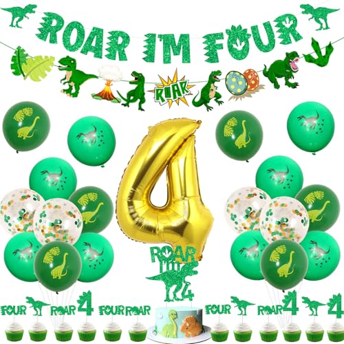 Ballon chiffre 4 vert et kit dinosaure Jollyboom pour des souvenirs magiques de ses 4 ans