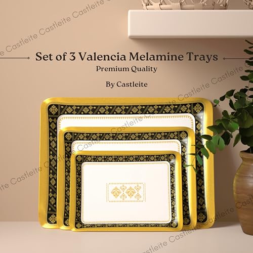 Image of Castleite Valencia Series Melamine Trays Set of 3 with Handles for Serving Snacks or Tea - A Designer Tray Medley for Home or Cafe Use (Soriana)
