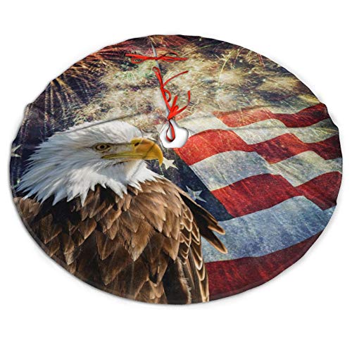 Christmas Tree Skirt, Bald Eagle American Flag Firework Patriotic Memorial Day Xmas Large Tree Mat, New Year Festive Holiday Party Decorations 48" inches