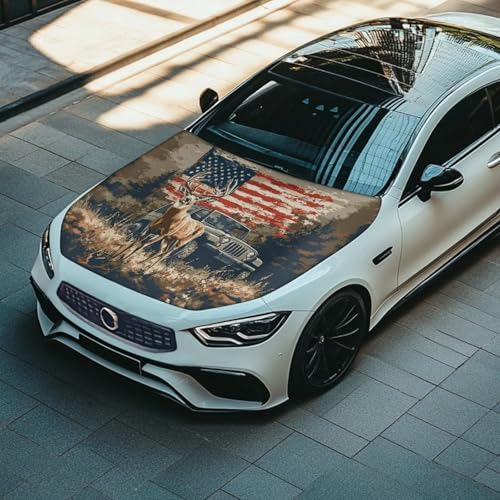 Image of American Flag Deer Car Hood Cover Protector 59x39 Inch Waterproof Sun Proof Car Hood Wrap Blankets Automotive Exterior Accessories for Most SUV Sedans Trucks Pickup